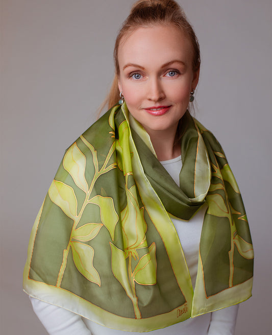 Green Flower Hand Painted Silk Scarf