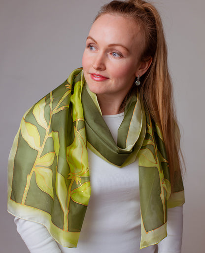 Green Flower Hand Painted Silk Scarf