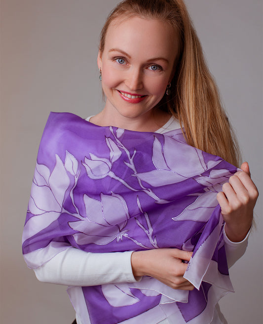 Purple Flower Hand Painted Silk Scarf