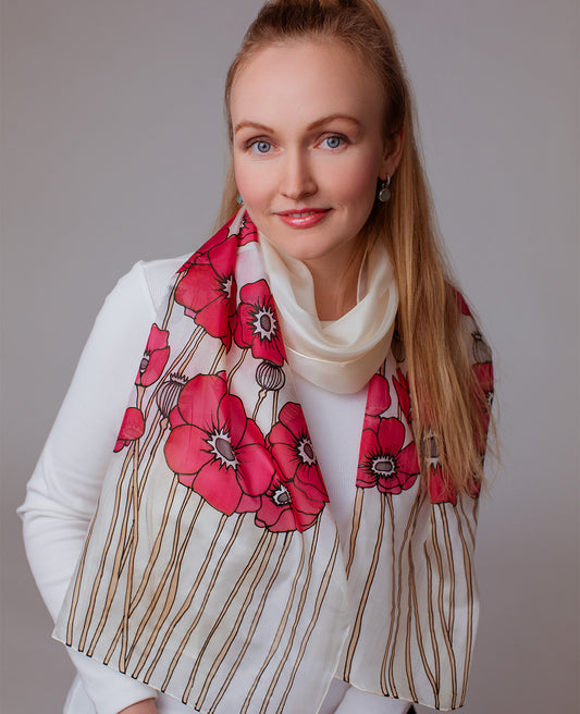 Red Poppies Hand Painted Silk Scarf