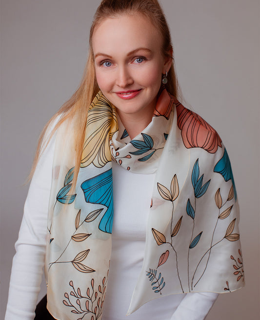 Delicate Flowers Hand Painted Silk Scarf