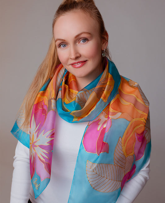 Bright Flowers 2 Hand Painted Silk Scarf