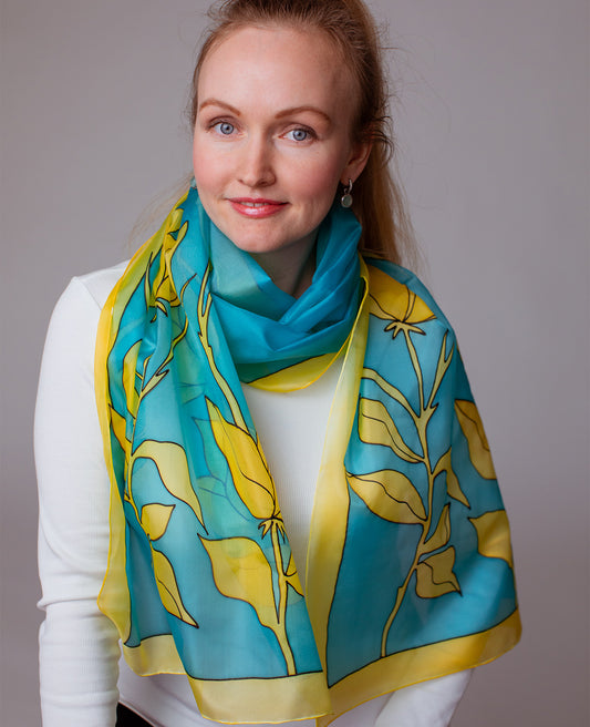 Yellow - Navy blue Flower Hand Painted Silk Scarf
