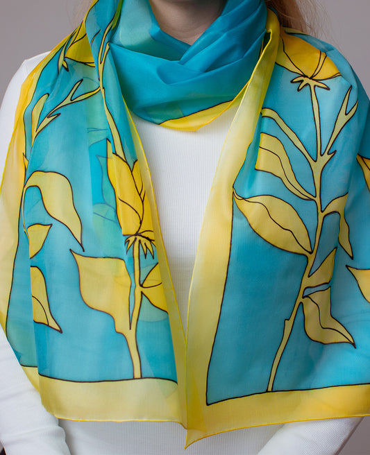 Yellow - Navy blue Flower Hand Painted Silk Scarf