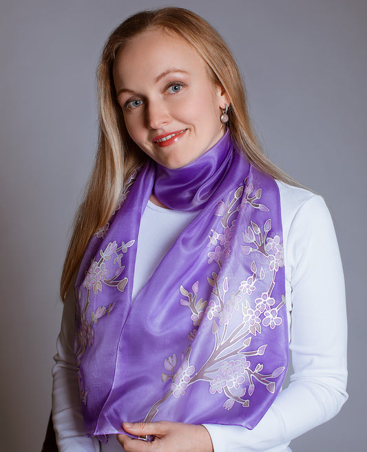 Purple Sakura Hand Painted Silk Scarf