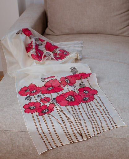 Red Poppies Hand Painted Silk Scarf