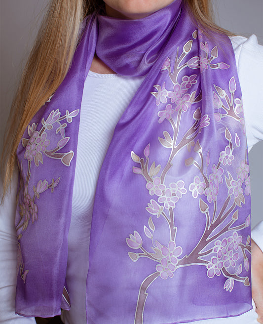 Purple Sakura Hand Painted Silk Scarf