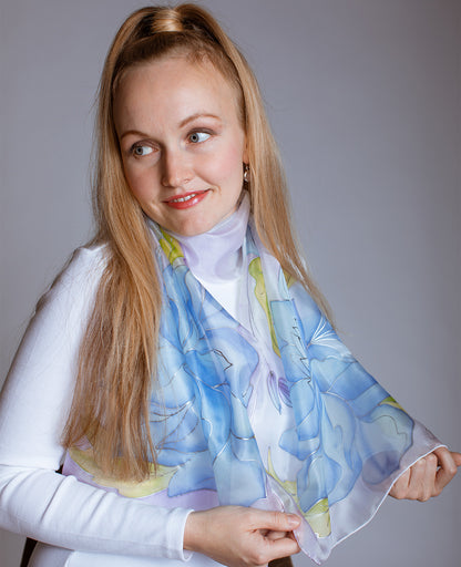 Delicate Peony Hand Painted Silk Scarf
