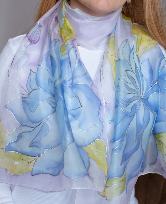 Delicate Peony Hand Painted Silk Scarf