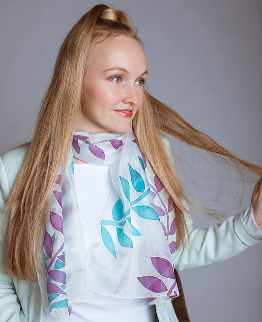 Blue and Purple Leaves Hand Painted Silk Scarf