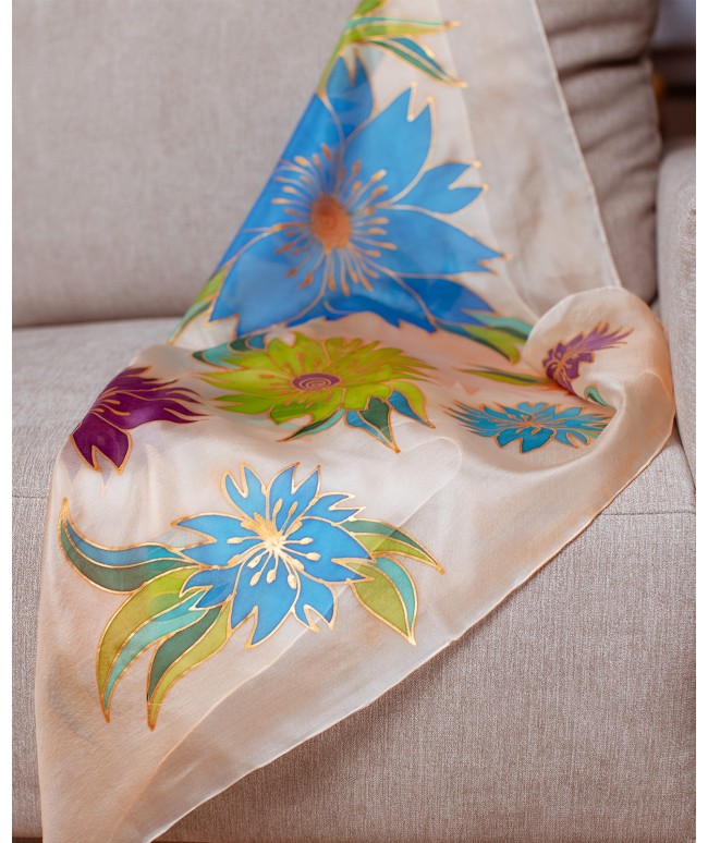 Colorful Flowers Hand Painted Kids Silk Shawl