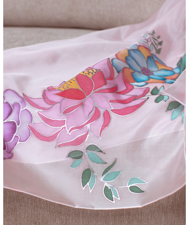 Beautiful Flowers and Unicorn Hand Painted Silk Scarves Set - Mother & Daughter