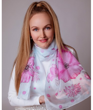 Pink Flowers Hand Painted silk Scarves Set - Mother & Daughter