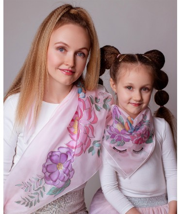 Beautiful Flowers and Unicorn Hand Painted Silk Scarves Set - Mother & Daughter