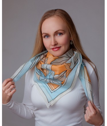 Blue and Vanilla Lily Hand Painted Silk Shawl