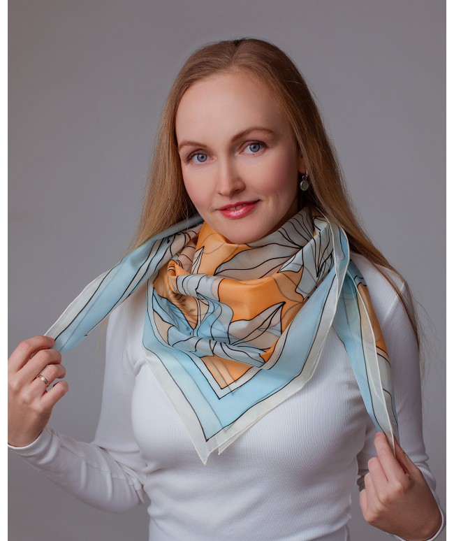 Blue and Vanilla Lily Hand Painted Silk Shawl