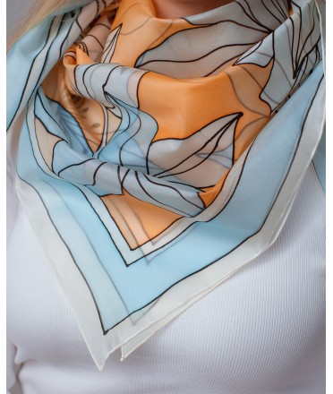 Blue and Vanilla Lily Hand Painted Silk Shawl