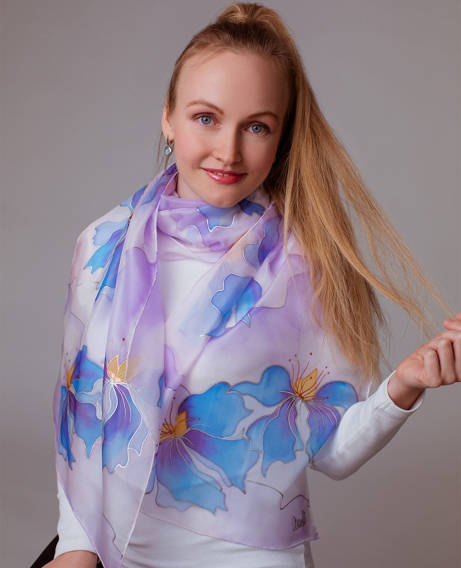 Iris Hand Painted Silk Scarf