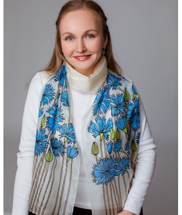 Blue Cornflowers 2 Hand Painted Silk Scarf