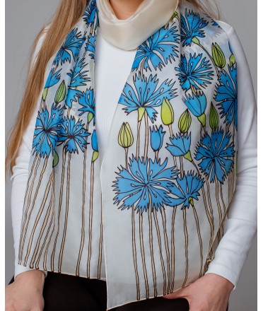 Blue Cornflowers 2 Hand Painted Silk Scarf
