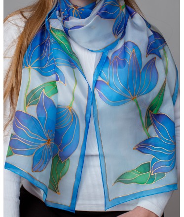 Blue Spring flowers Hand Painted Silk Scarf