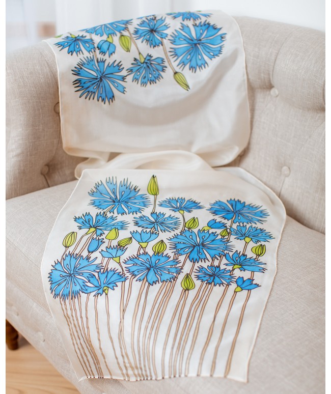 Blue Cornflowers 2 Hand Painted Silk Scarf