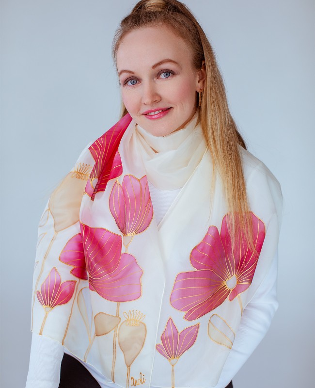 Red poppy Hand Painted Silk Scarf