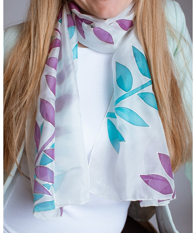 Blue and Purple Leaves Hand Painted Silk Scarf