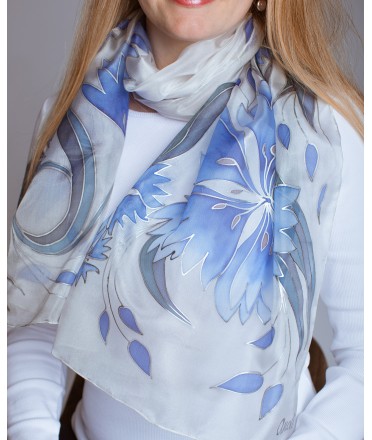 Blue Cornflowers Hand Painted Silk Scarf