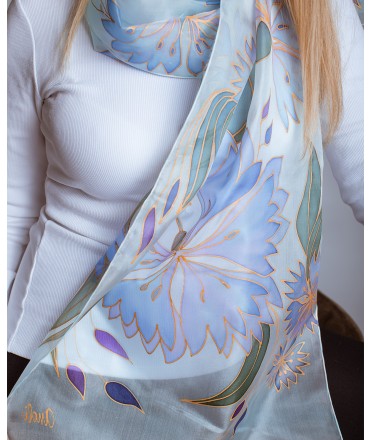 Light Blue - Purple Cornflowers Hand Painted Silk Scarf