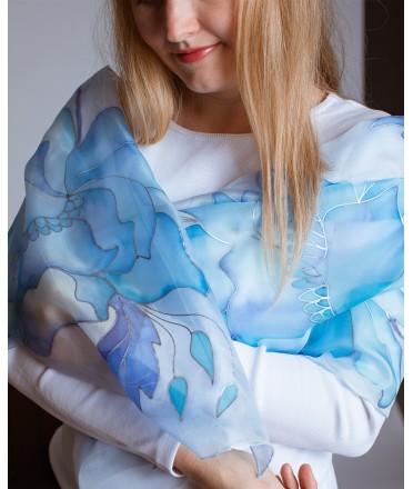 Blue Peony Hand Painted Silk Scarf