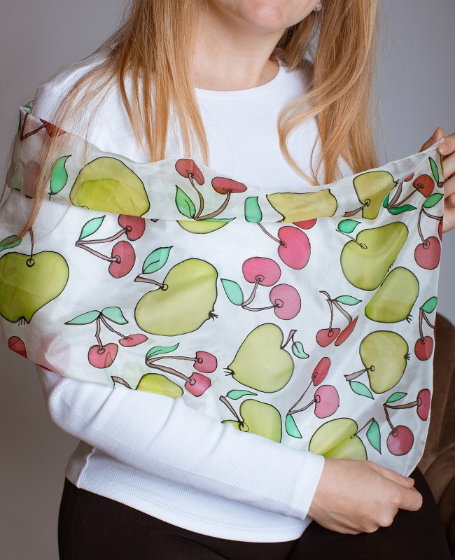 Apple and Cherry Hand Painted Silk Scarf