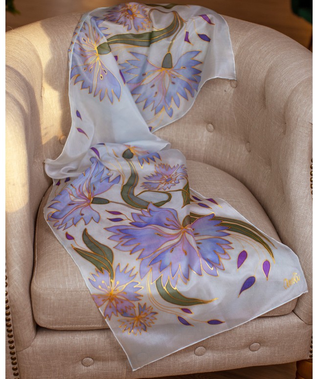 Light Blue - Purple Cornflowers Hand Painted Silk Scarf