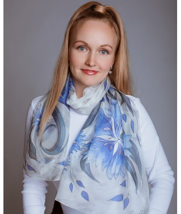 Blue Cornflowers Hand Painted Silk Scarf