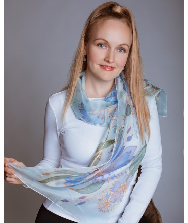 Light Blue - Purple Cornflowers Hand Painted Silk Scarf