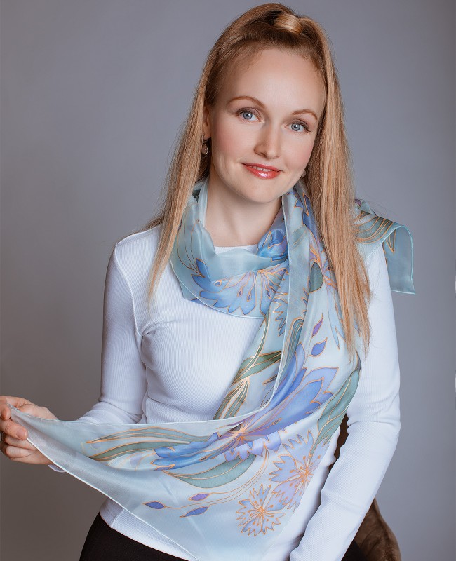 Light Blue - Purple Cornflowers Hand Painted Silk Scarf