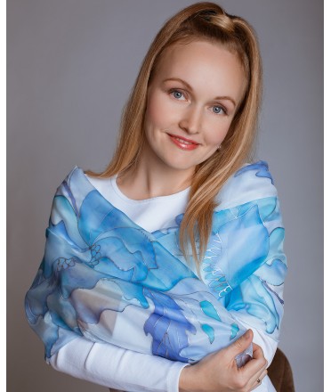 Blue Peony Hand Painted Silk Scarf