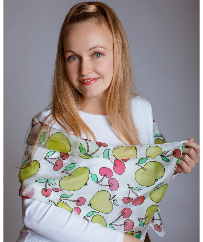 Apple and Cherry Hand Painted Silk Scarf