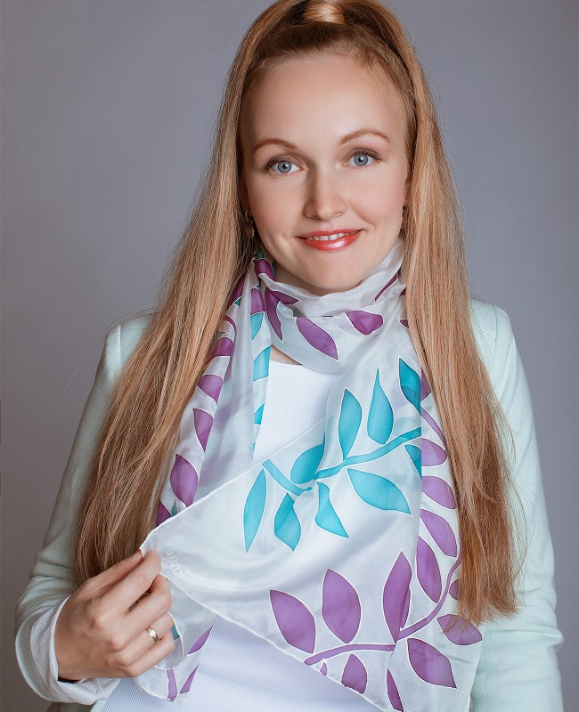 Blue and Purple Leaves Hand Painted Silk Scarf