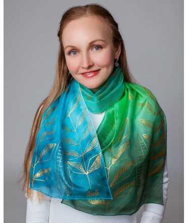 Blue-Green Nature Motif Hand Painted Silk Scarf