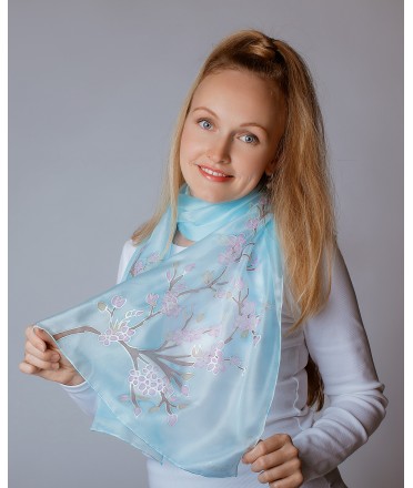 Sakura (light blue) Hand Painted Silk Scarf