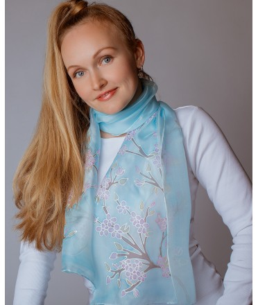 Sakura (light blue) Hand Painted Silk Scarf