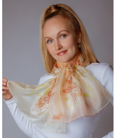 Beige Lily Hand Painted Silk Scarf