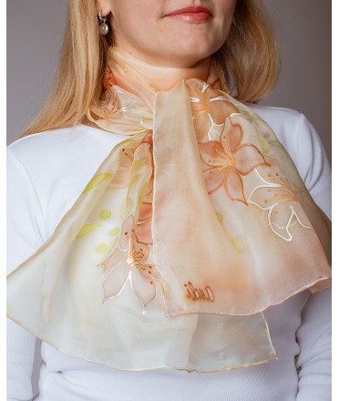 Beige Lily Hand Painted Silk Scarf
