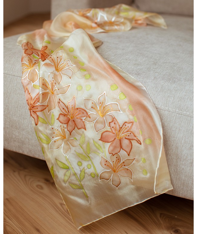 Beige Lily Hand Painted Silk Scarf