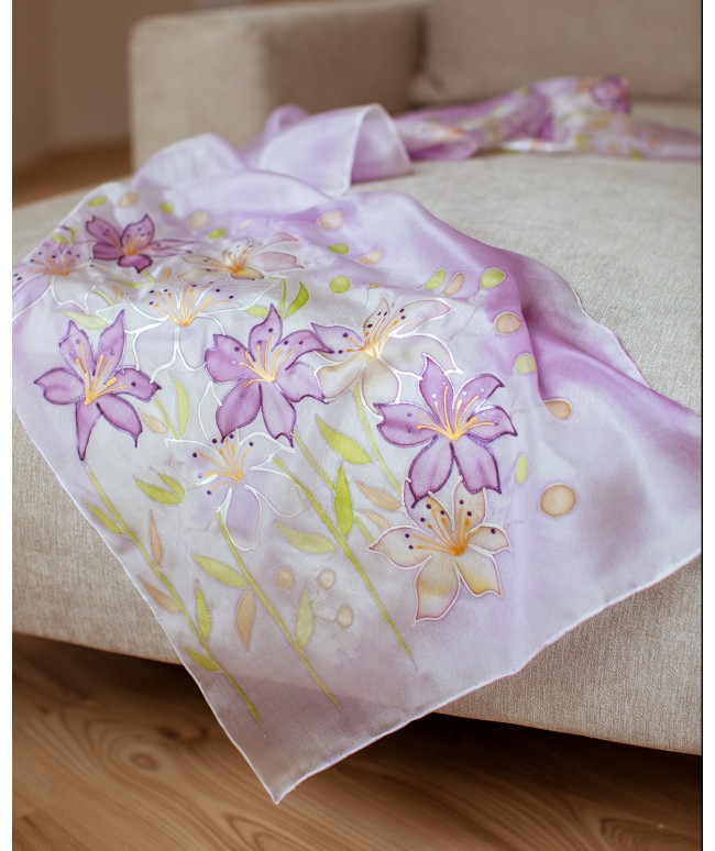 Purple Lily Hand Painted Silk Scarf